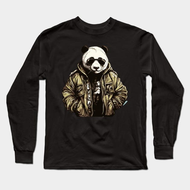 Cool Animals: Cartoon Vintage Funny Cool Panda Long Sleeve T-Shirt by OscarVanHendrix